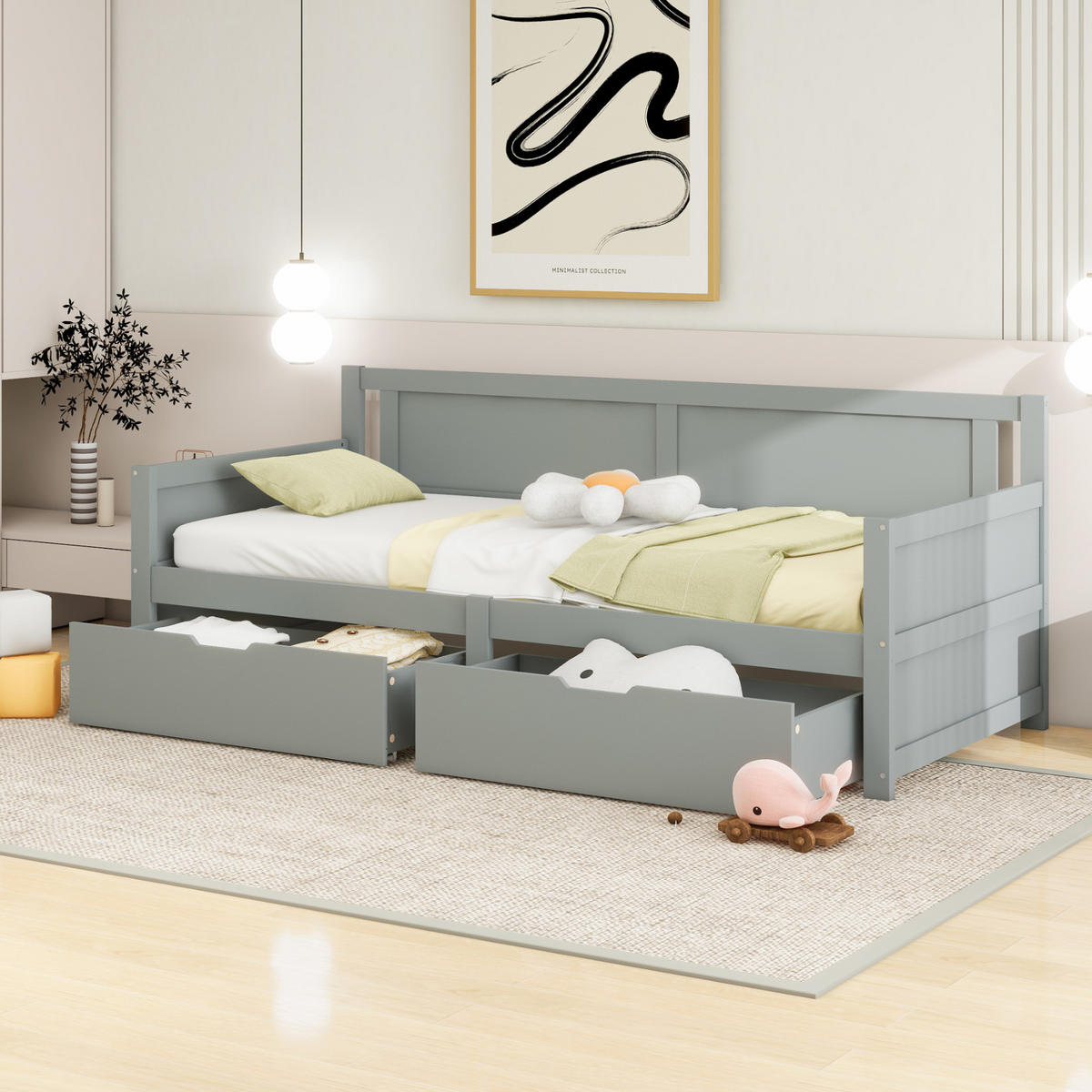 MULTIFUNKTIONSBETT 90/200 grau mit zwei Schubladen aus Massivholz - Grau, Holz (90/200cm) - OKWISH