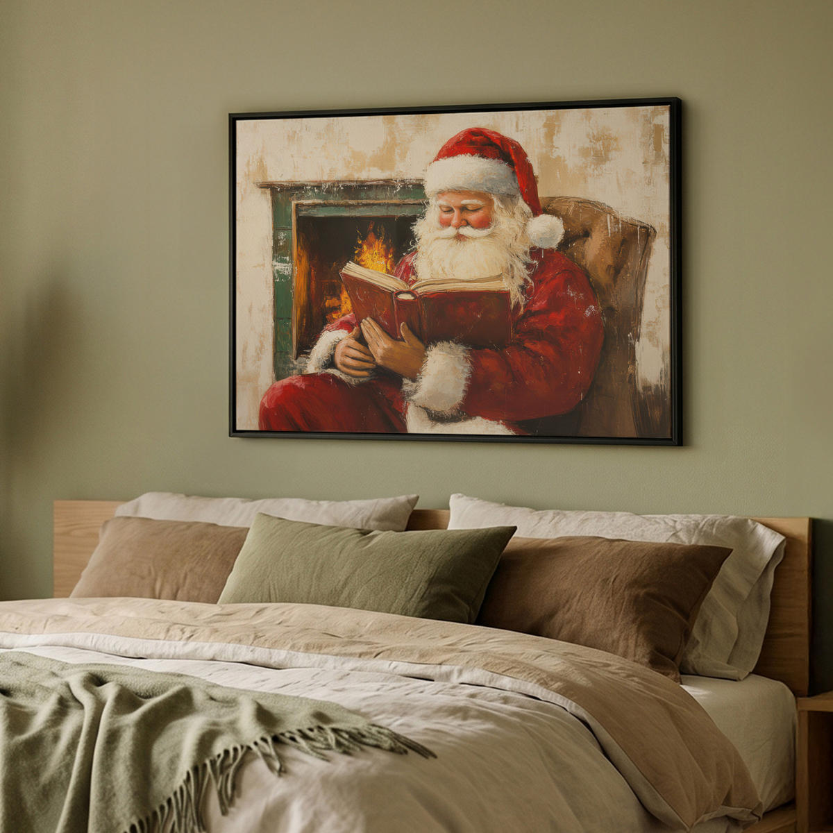 LEINWAND Bilder mit Rahmen - Weihnachten - Weihnachtsmann - Winter - Open Fireside - 100x70 - Dunkelrot, Textil (100/70cm) - MuchoWow
