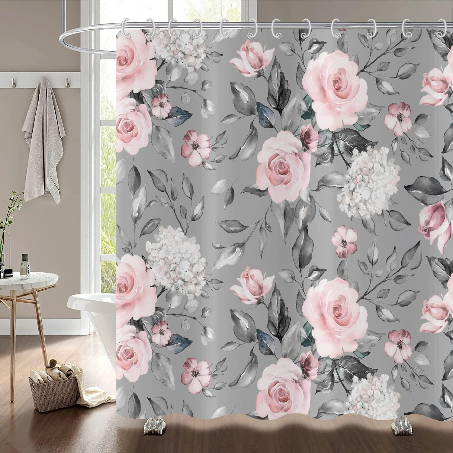 DUSCHVORHANG Rosa Blumen elegant Vintage Aquarell Polyester wasserdicht Badewanne - Multicolor, Textil (180/180cm) - MCBOSON