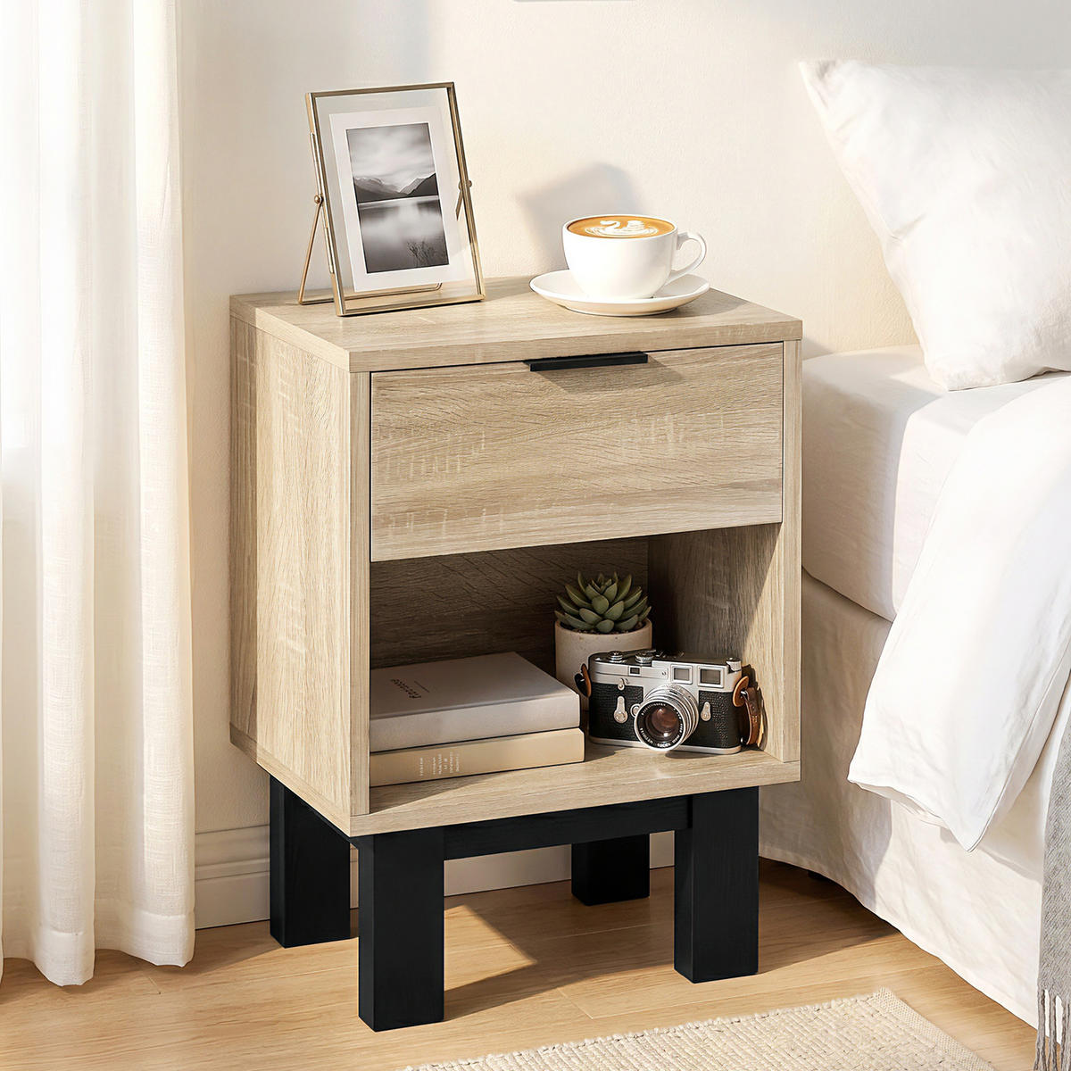 NACHTTISCH Eiche Spanplatte mit Schublade und offenem Fach 1er-Set - Eichefarben, Holzwerkstoff (35/50/26cm) - PANGIVO