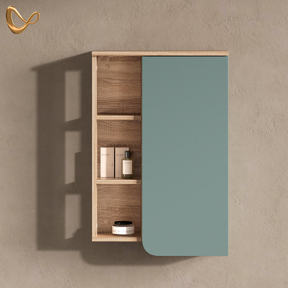 BADSCHRANK Marano Blau-Grau 50 x 75 cm mit Tür und offenen Fächern - Blaugrau/Sonoma Eiche, Holzwerkstoff (50/75/20cm) - Livinity®