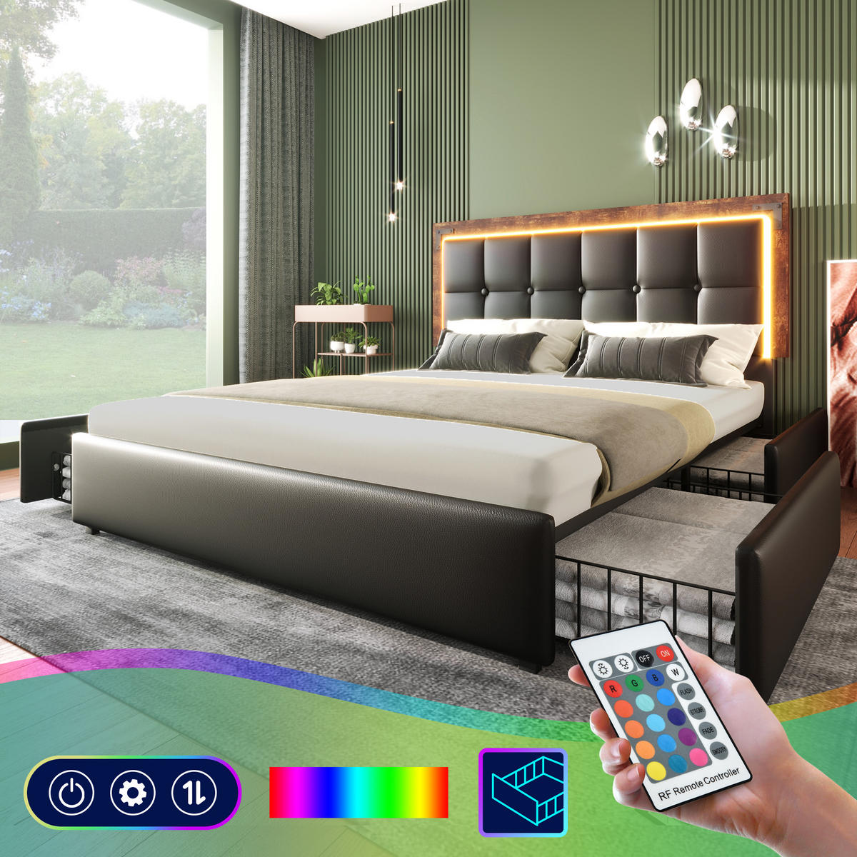 STAURAUMBETT 140/200 cm DE-00668, in Schwarz, LED und 4 Schubladen - Schwarz, Metall (140/200cm) - ComfortXL