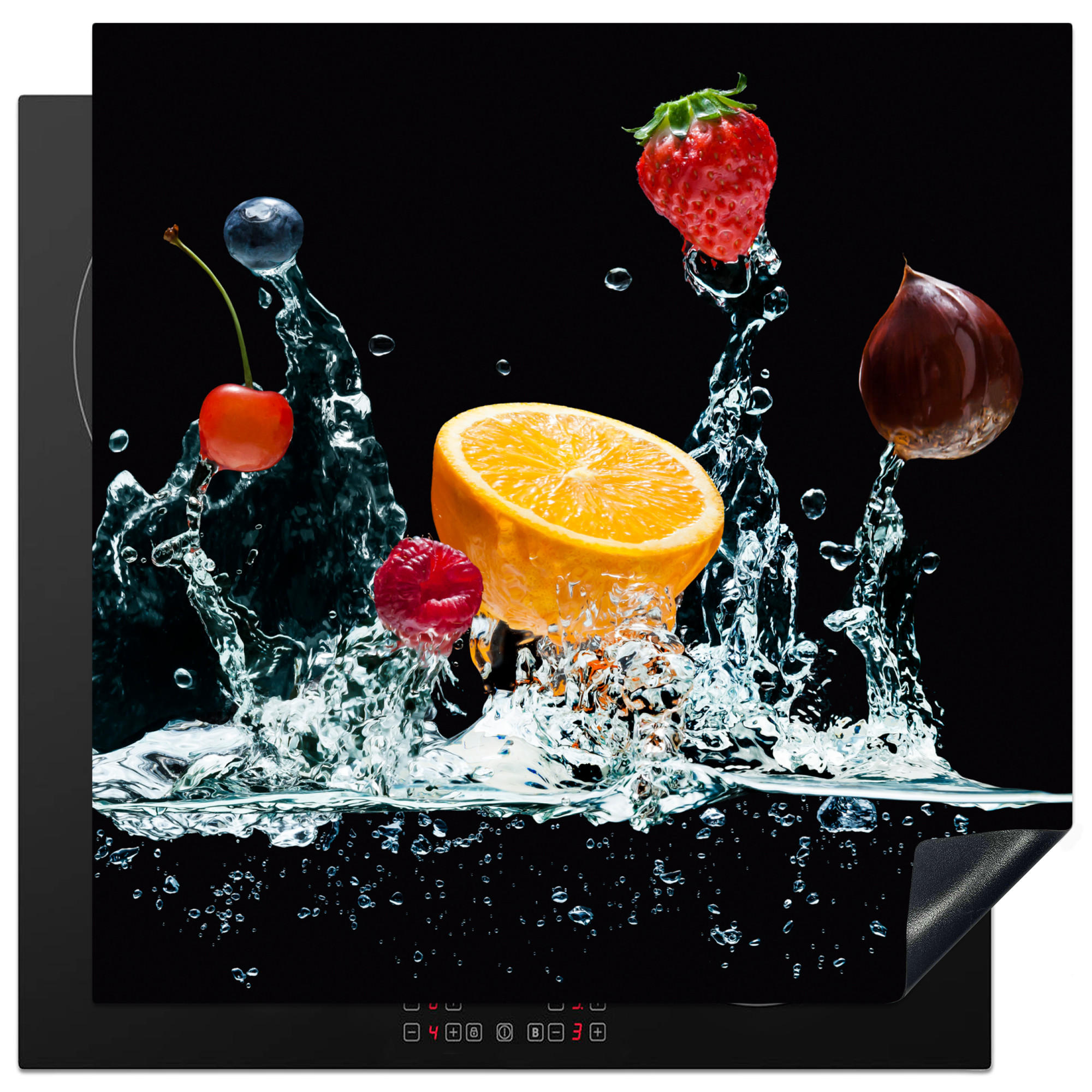 HERDABDECKPLATTE Wasser - Obst - Orange - Erdbeere - Kirsche - Schwarz 78x78 cm - Orange, Kunststoff (78/0.2/78cm) - MuchoWow