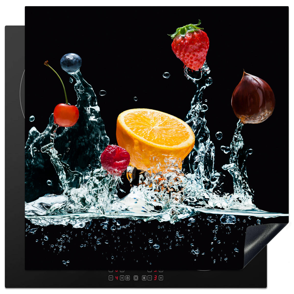 HERDABDECKPLATTE Wasser - Obst - Orange - Erdbeere - Kirsche - Schwarz 78x78 cm - Orange, Kunststoff (78/0.2/78cm) - MuchoWow