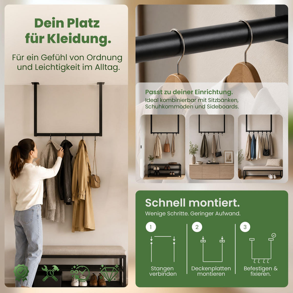 KLEIDERSTANGE 150x38x120 cm-edelstahl-Metall - Schwarz, Metall (7cm) - CLP