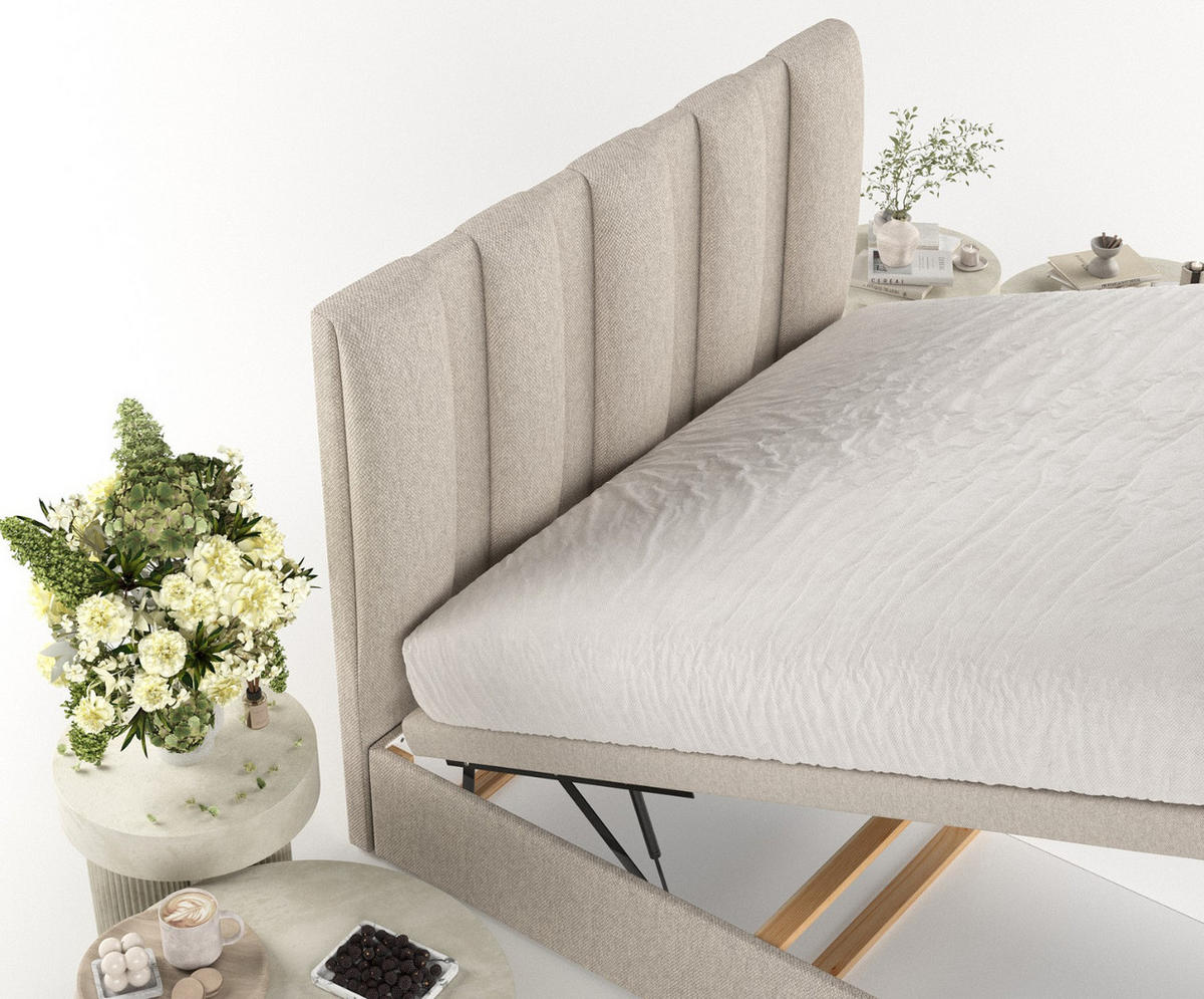 POLSTERBETT Orta mit Stauraum 200/200 cm Hellbeige im Megan Stoff - Sandfarben/Schwarz, Holz/Holzwerkstoff (200/200cm) - AltaBeds