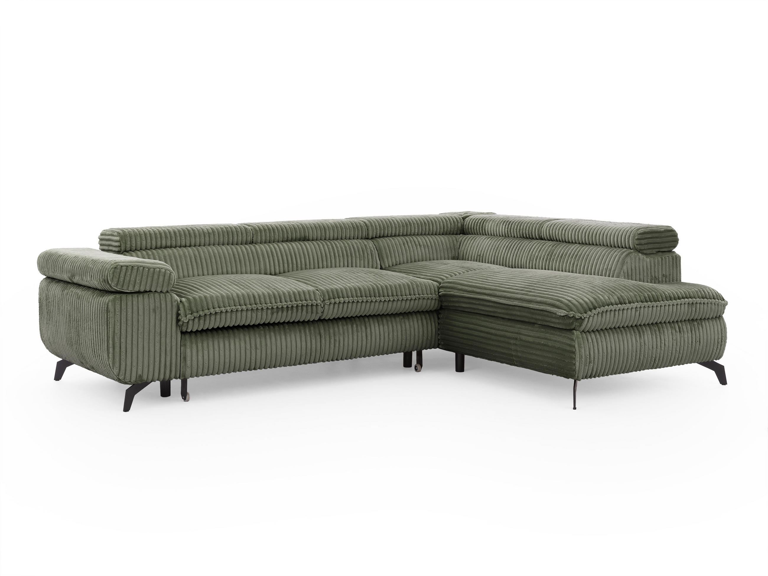 ECKSOFA mit Schlaffunktion und Bettkasten Bonnie aus Olive Cord-Stoff mit verstellbaren Kopfstützen und Armlehne - Ottomane rechts - Schwarz/Hellgrün, Holz/Textil (275/210cm) - S-Style Möbel