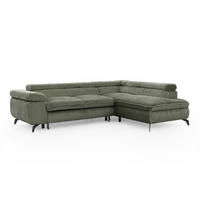 ECKSOFA mit Schlaffunktion und Bettkasten Bonnie aus Olive Cord-Stoff mit verstellbaren Kopfstützen und Armlehne - Ottomane rechts - Schwarz/Hellgrün, Holz/Textil (275/210cm) - S-Style Möbel