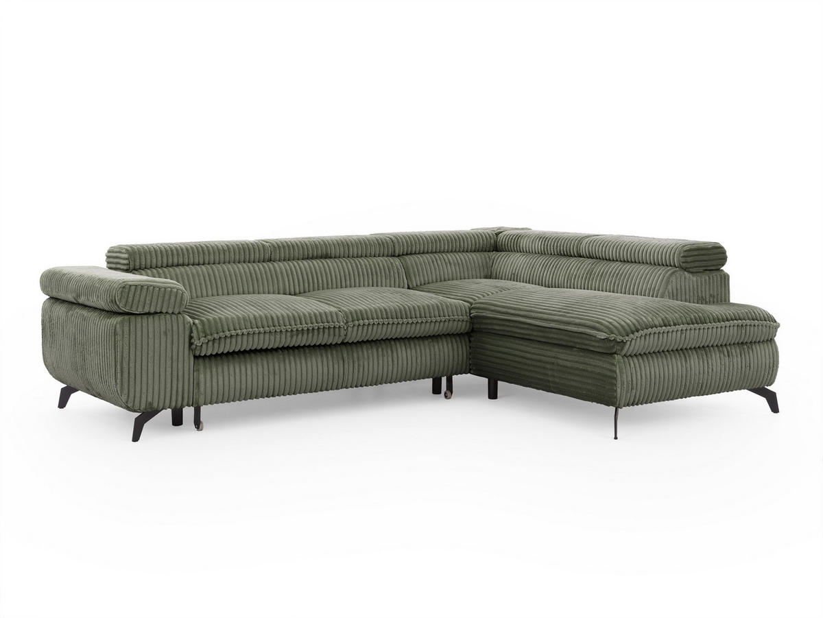 ECKSOFA mit Schlaffunktion und Bettkasten Bonnie aus Olive Cord-Stoff mit verstellbaren Kopfstützen und Armlehne - Ottomane rechts - Schwarz/Hellgrün, Holz/Textil (275/210cm) - S-Style Möbel
