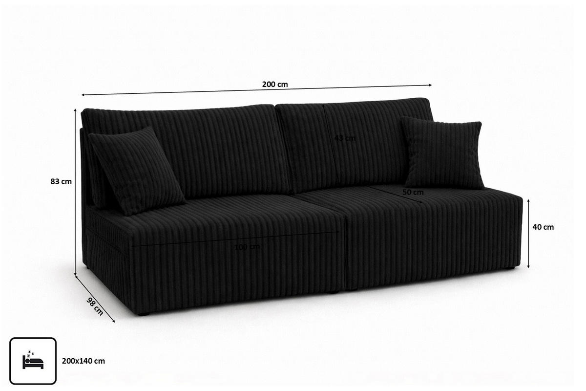 SOFA Mit Schlaffunktion Und Bettkasten, Cordstoff Tilia, Schwarz, BEST MINI - Schwarz, Holz (200/83/98cm) - Kaiser Möbel