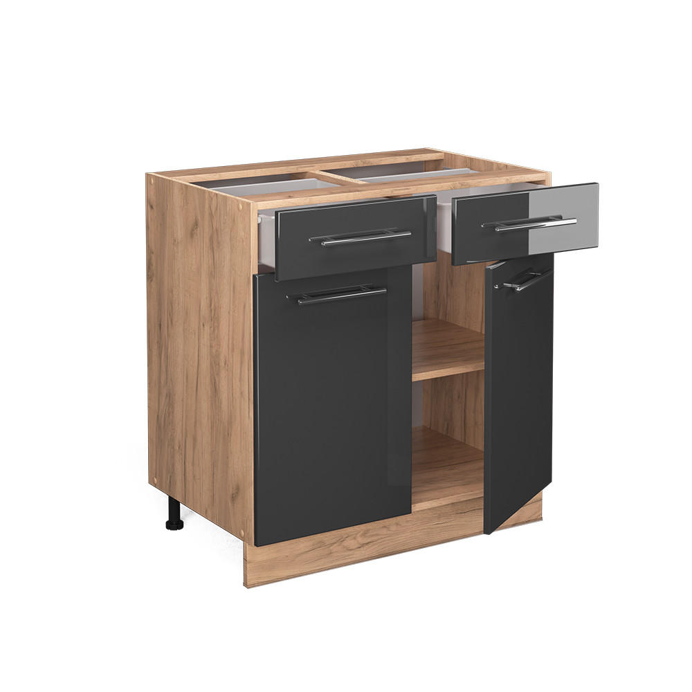 KÜCHENUNTERSCHRANK Fame-Line Anthrazit Hochglanz 80 cm mit Schubladen ohne AP - Honigeiche/Schwarz Hochglanz, Holzwerkstoff (80/82/51.6cm) - Vicco