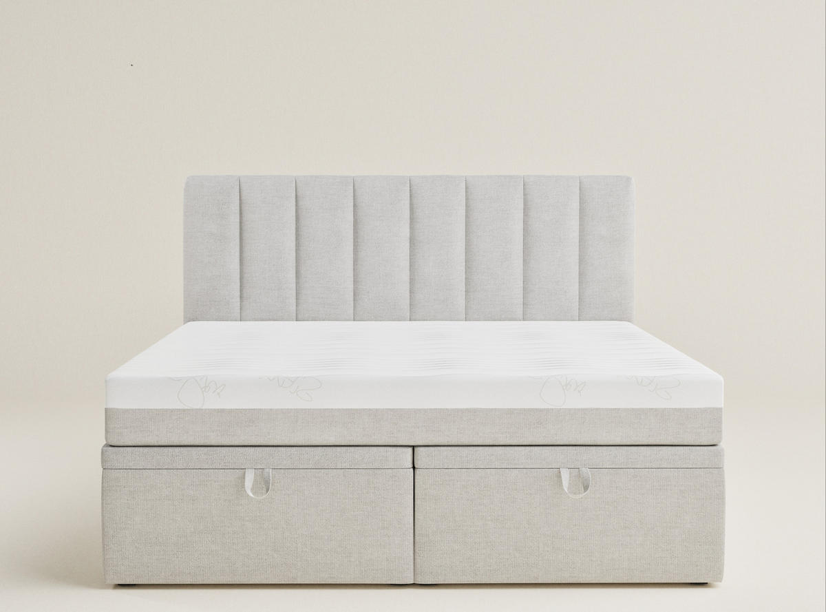 BOXBETT 140/200 cm Lovage M, in Hellbeige, Matratze, gepolstertes Kopfteil, Bettkasten, H3 = fest - Beige/Schwarz, Holz/Holzwerkstoff (140/200cm) - Maison de Reve