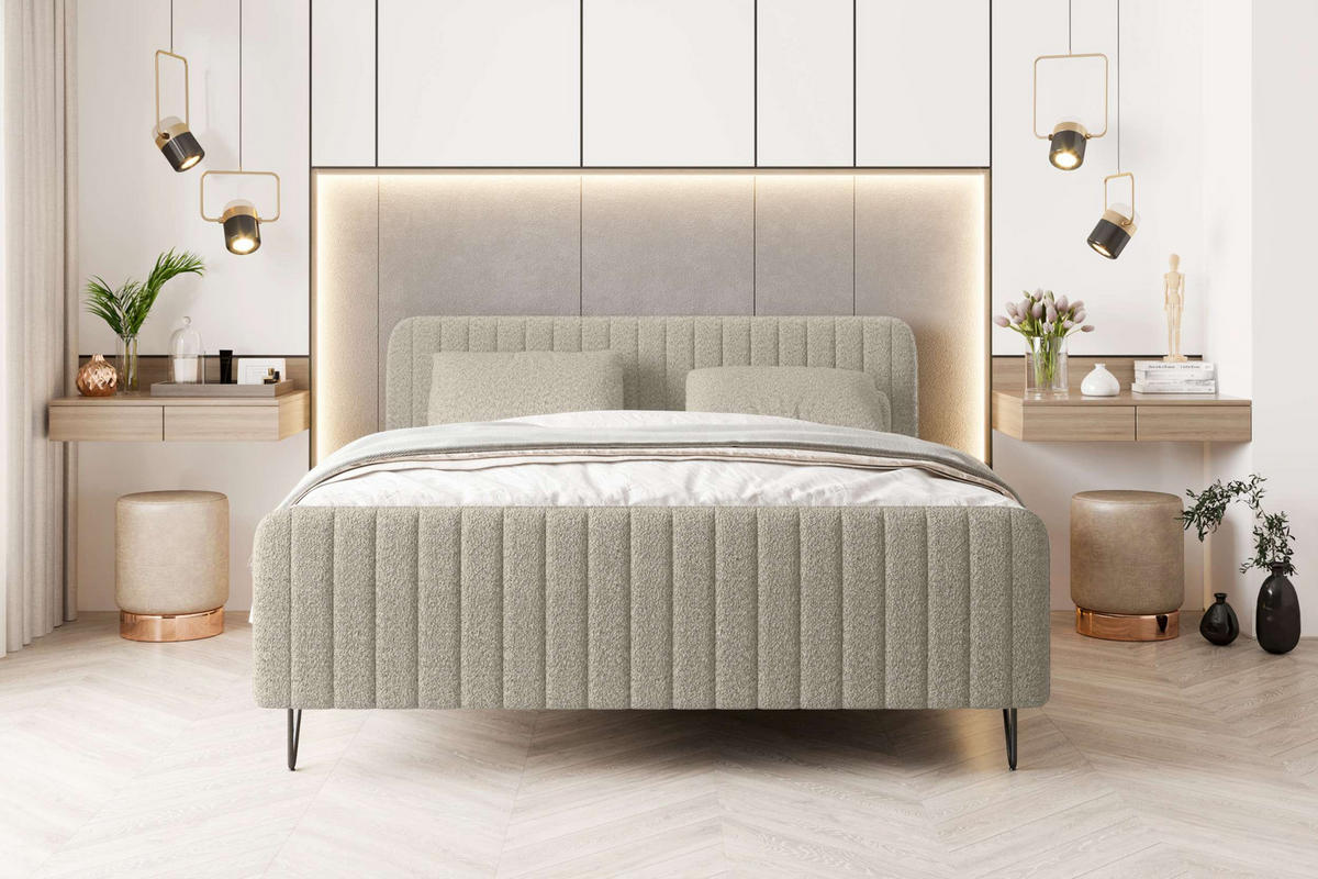 BOXSPRINGBETT LUCIO Bouclé-Stoff Creme 160/200 cm - Creme/Schwarz, Textil/Metall (160/200cm) - 99rooms
