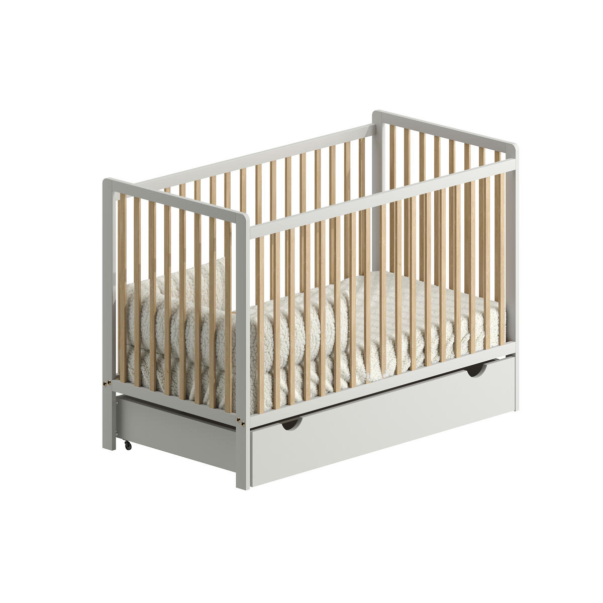 BABYBETT Skäli mit Matratze und Schublade - Weiß/Naturfarben, Holz - kiki design