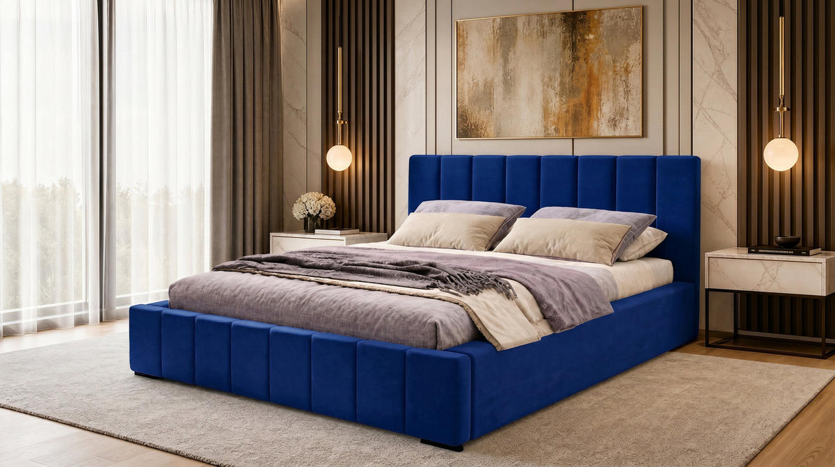 MARPUR Polsterbett NERO 180x200 cm mit Bettkasten und Lattenrost, Dunkelblau - Chromfarben/Dunkelblau, Holz/Holzwerkstoff (180/200cm) - Marpur