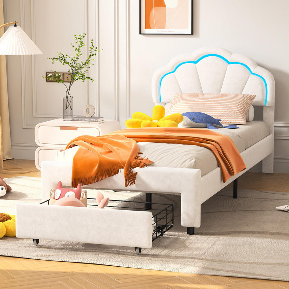 KINDERBETT 90x200cm, Samt, Weiß, Mädchenbett, mit LED-Lichtleiste und Schubladen, Blütenförmiges, ohne Matratze - Weiß, Holz (90/200cm) - WoodenAura