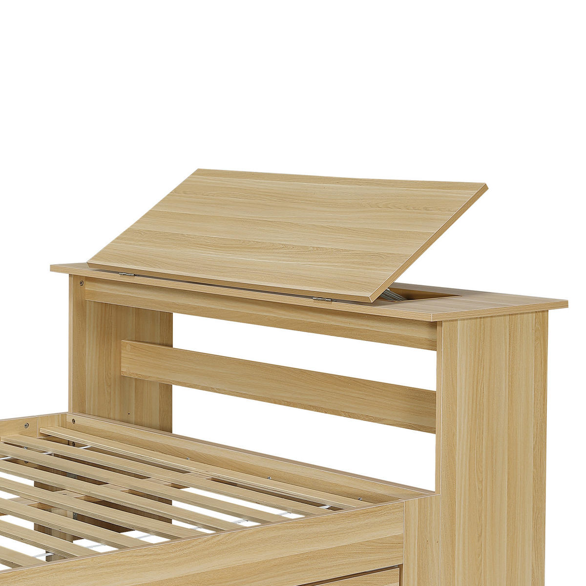 JUGENDBETT 140/200 cm in Naturfarben mit Stauraum, Kopfteilregal und Klapptisch aus Holz - Naturfarben, Holzwerkstoff - STILVORA