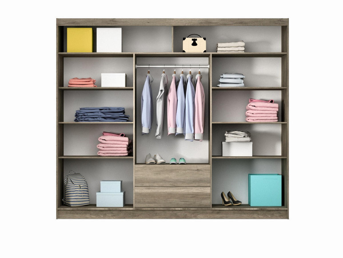 SCHWEBETÜRENSCHRANK POPPY 250/215/61 cm 3-türig mit Spiegel Eichefarben - Eichefarben/Weiß, Holzwerkstoff (250/215/61cm) - MASSENO