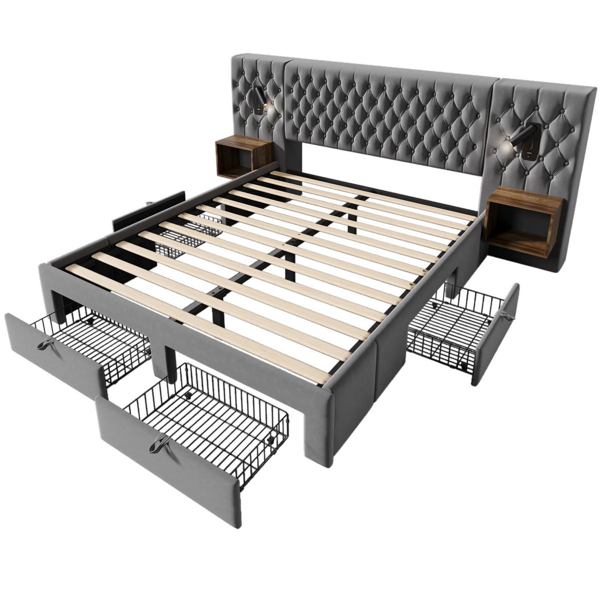 POLSTERBETT 180/200 cm aus Samt mit 2 Nachttischen, 4 Schubladen, Leselicht und USB/Type-C, Grau - Grau, Textil (180/200cm) - Redom