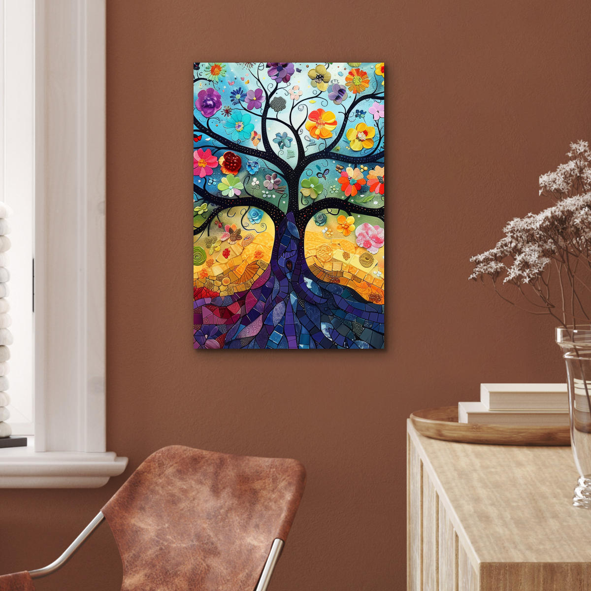 METALLBILD Kunst - Baum des Lebens - Blumen - Hippie 40x60 cm - Dunkelblau, Metall (40/60cm) - MuchoWow