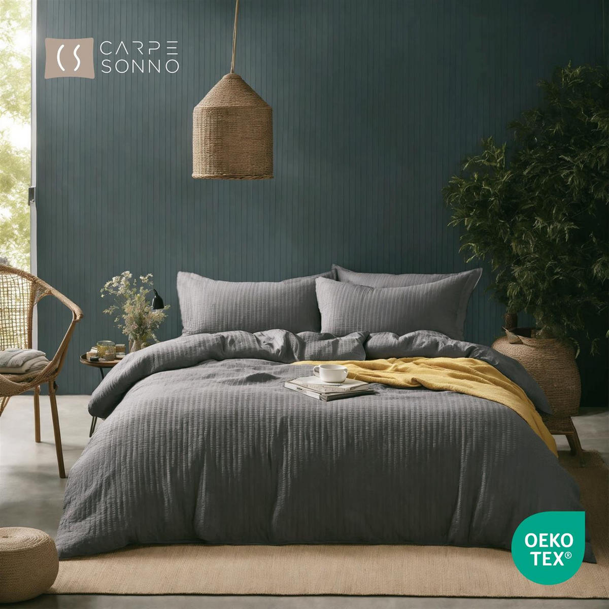 SEERSUCKER-BETTWÄSCHE 155x220 Uni Sommer Bettbezug Bügelfrei aus 100% Baumwolle, Bettbezüge einfarbig Grau - Grau, Textil (155/220cm) - Carpe Sonno