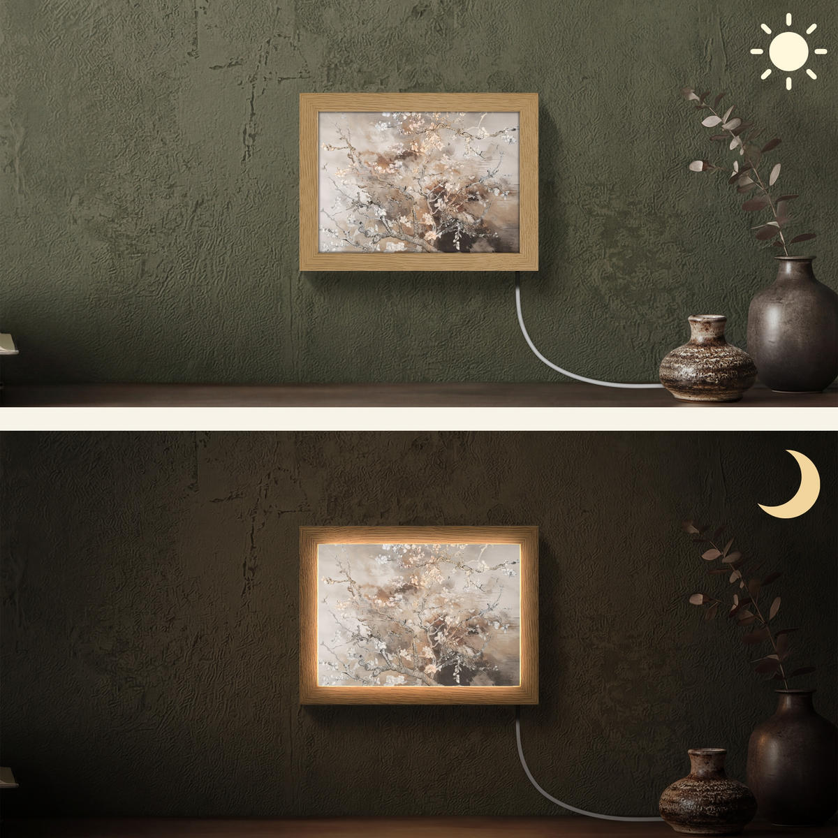 NÁSTĚNNÁ LAMPA Mandlový květ - Umění - Van Gogh - Béžová - Abstraktní 20x15 cm - šedohnědá, kompozitní dřevo (20/15/8cm) - OnlyWow
