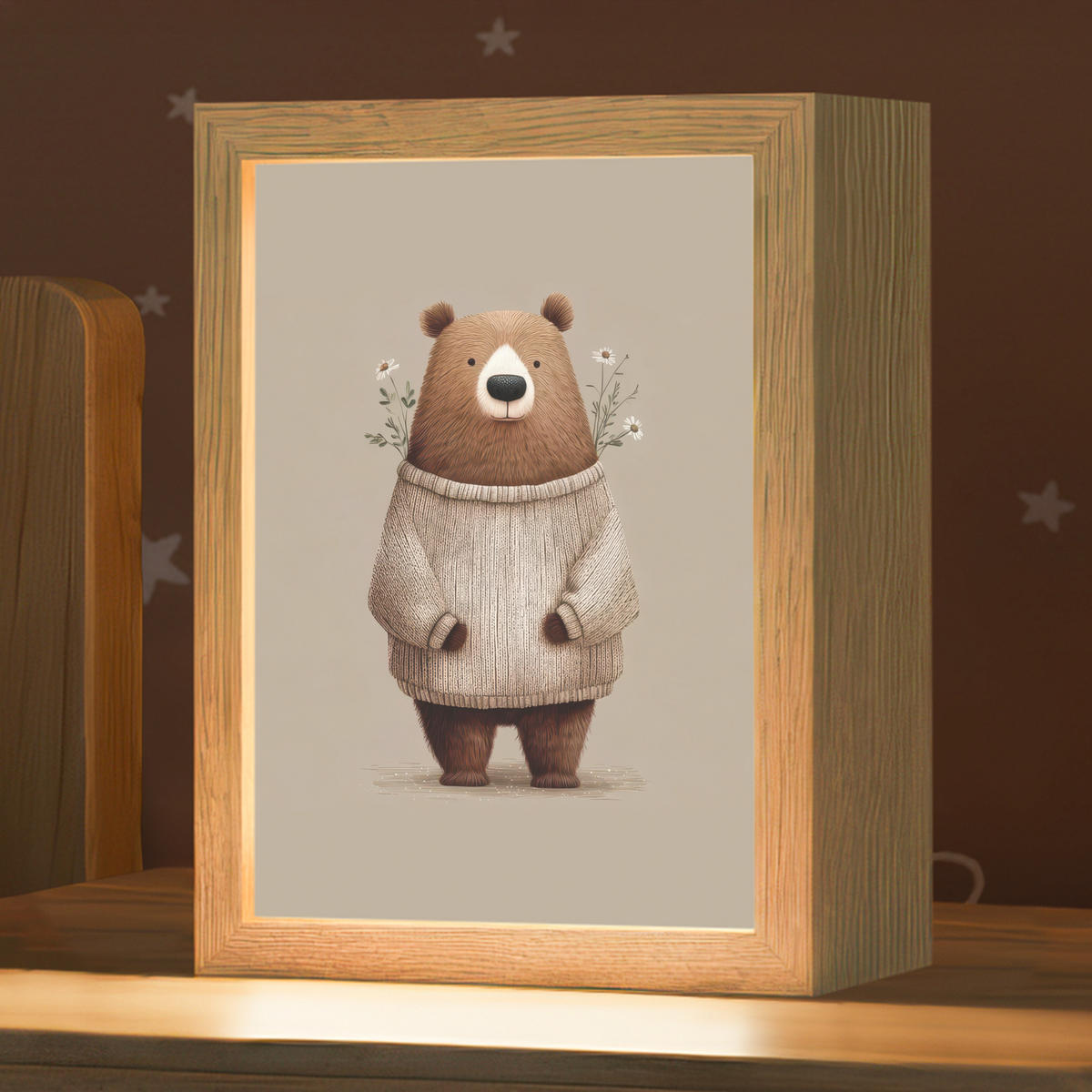 NACHTTISCHLAMPE Bär - Weiße Blumen - Gemütlich 15x20 cm - Taupe, Holzwerkstoff (8/15/20cm)