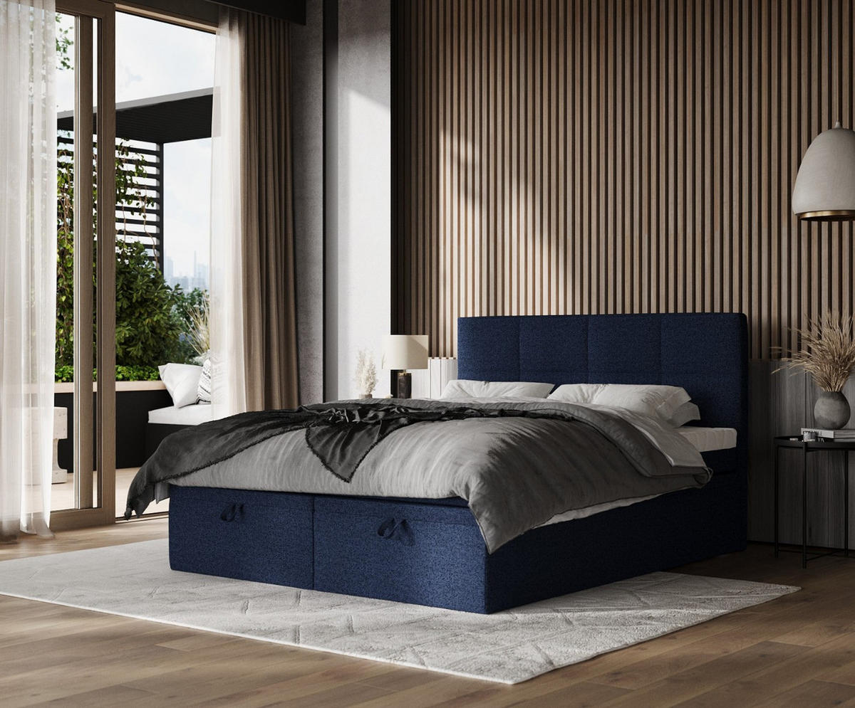 BOXBETT Tessa 140/200 cm Marineblau im Riva Stoff - Schwarz/Dunkelblau, Holz/Holzwerkstoff (140/200cm) - AltaBeds