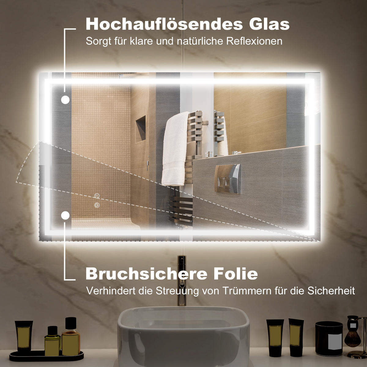 BADSPIEGEL mit Beleuchtung 100x60 cm LED Spiegel mit Vor- und Hinter Beleuchtung - Transparent, Metall (60/3/100cm) - HOMCOM