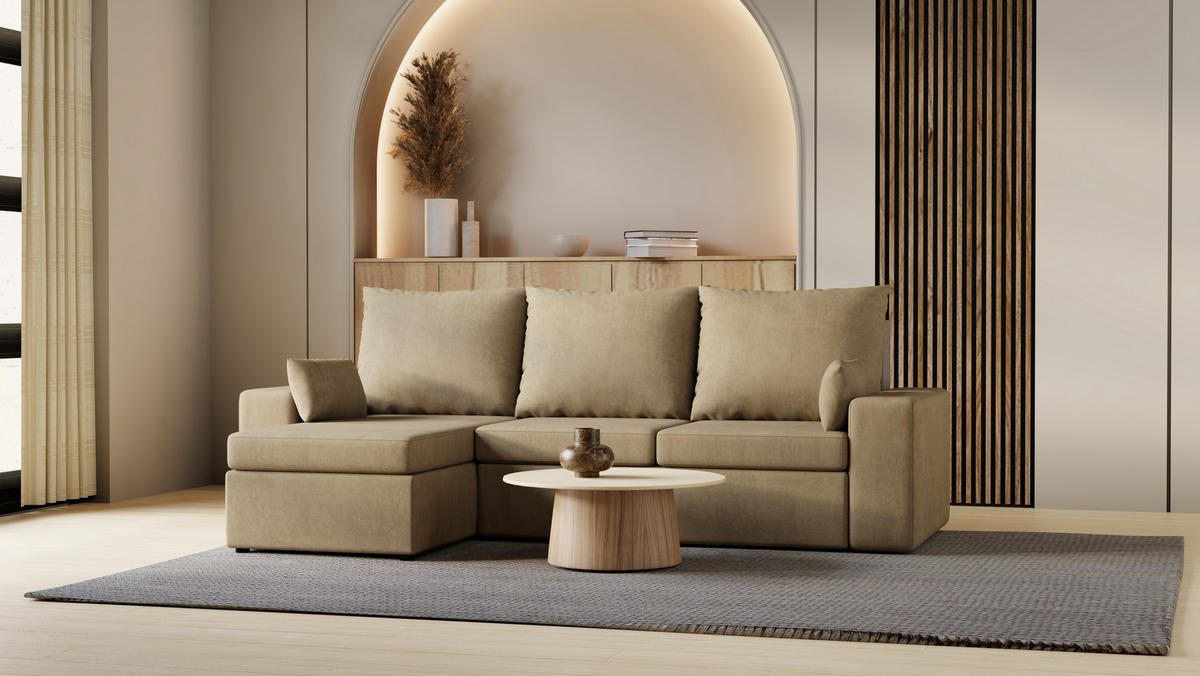ECKSOFA Paco mit Bettkasten und Schlaffunktion, L-Form/XL-Form, Velourstoff, Universal - Cappuccino, Holzwerkstoff (246/145cm) - 4ALL HOME
