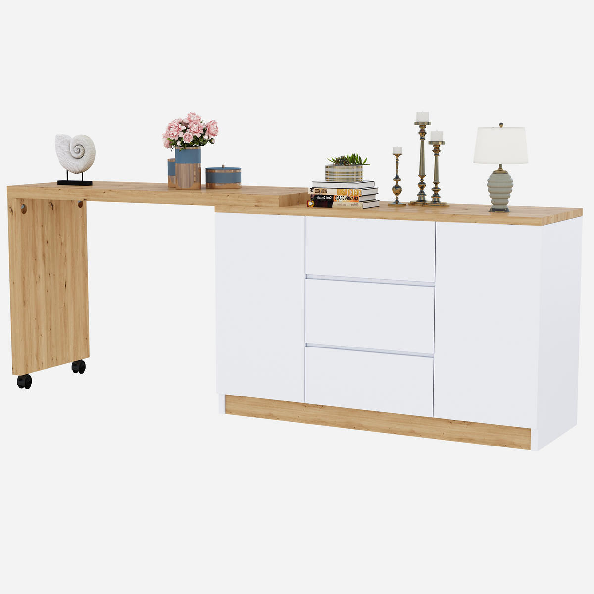SCHREIBTISCH Rollen drehbar 4cm Tischplatte Weiß Eiche multifunktional - Weiß, Holzwerkstoff (120/50/76.5cm) - FLIEKS