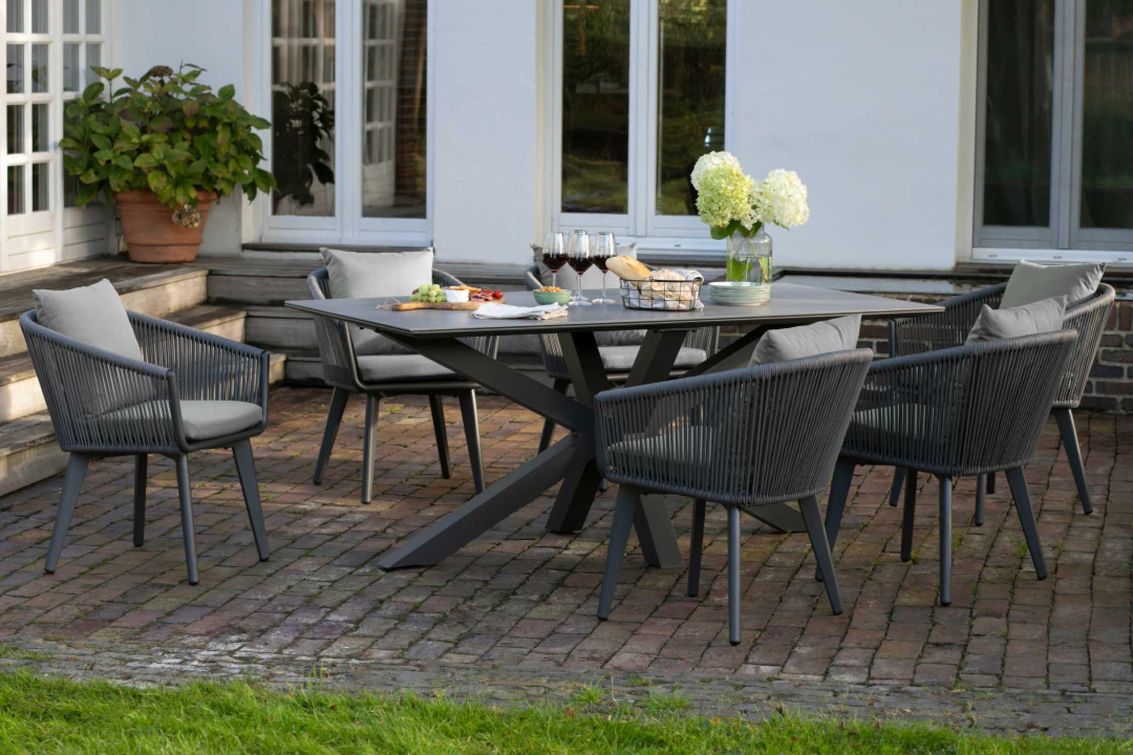 GARTENMÖBELSET Diningsessel Cadiz mit Tisch Almeria 200 x 90 cm - Grau, Metall - Mr. Deko