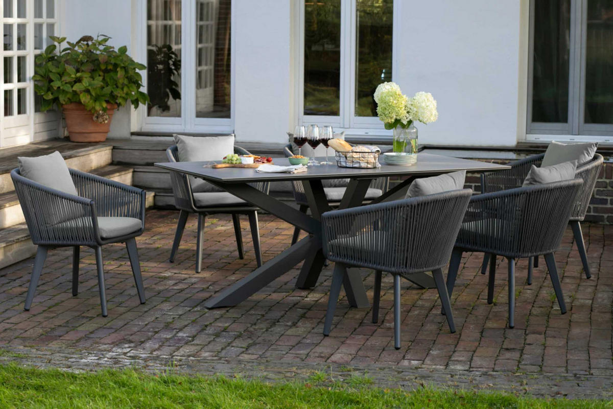 GARTENMÖBELSET Diningsessel Cadiz mit Tisch Almeria 200 x 90 cm - Grau, Metall - Mr. Deko