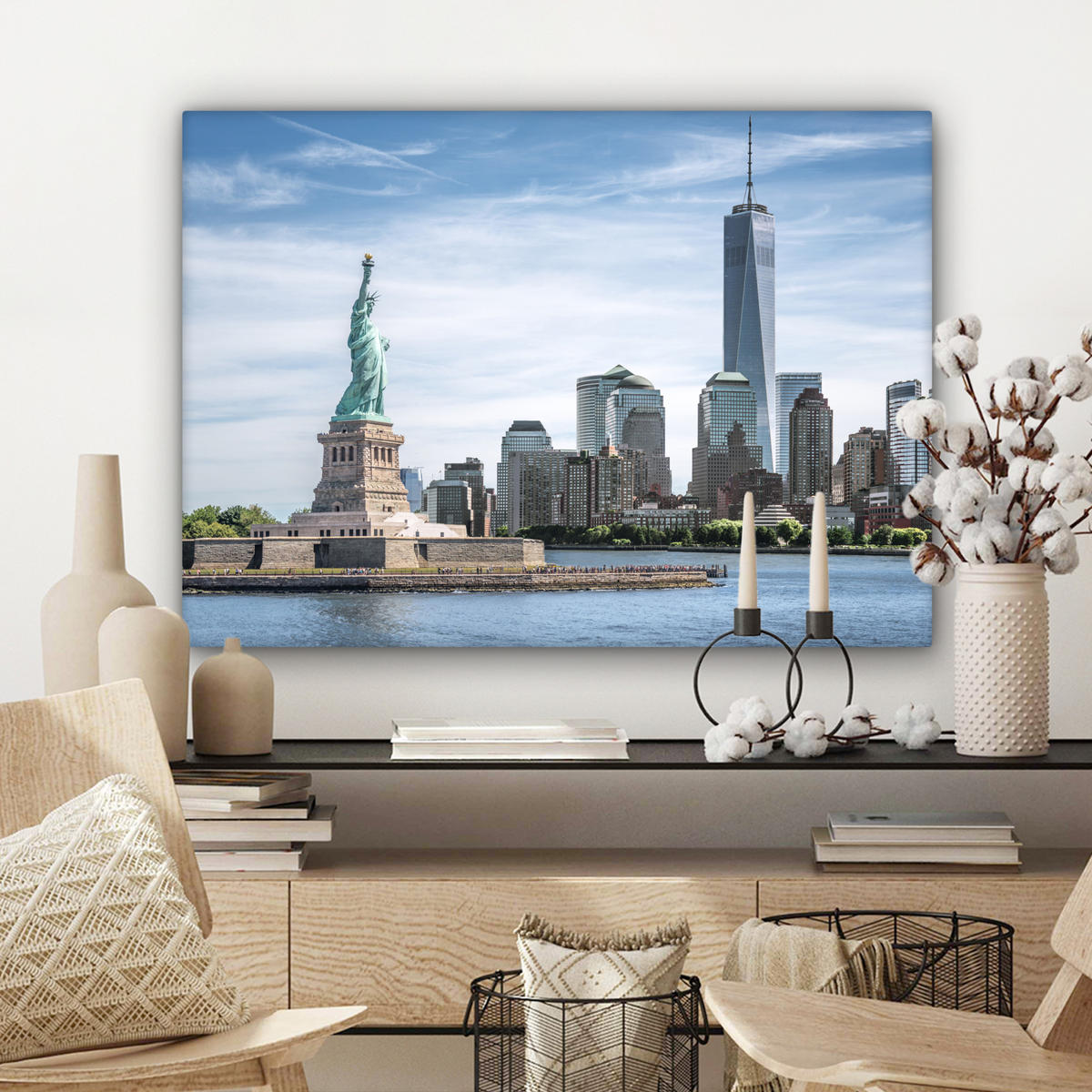 LEINWANDBILD New York - Freiheitsstatue - Wasser Wandbilder 80x60 cm - Hellblau, Textil (80/60cm) - MuchoWow