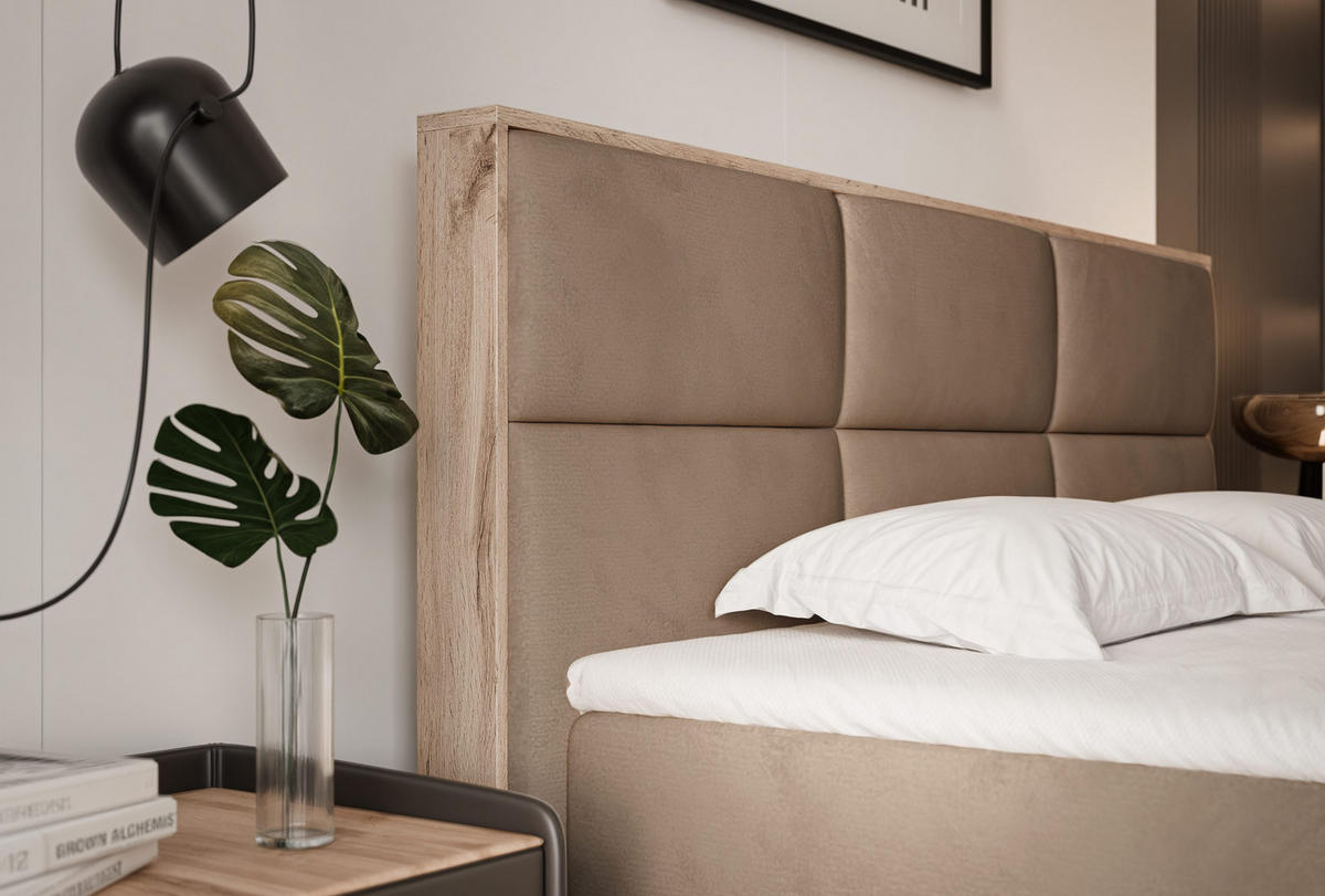 BOXBETT LAVIO 160/200 cm, in Hellbraun, mit Matratze und Topper - Hellbraun, Holzwerkstoff/Textil (160/200cm) - Idohome