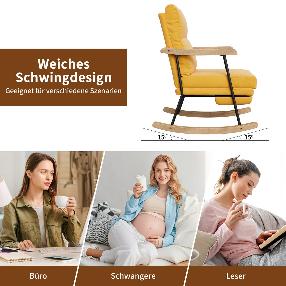 SCHAUKELSTUHL gepolstert ausziehbare Fußstütze gelb - Gelb, Holz (97.5/94/64.5cm) - LEBENLANG