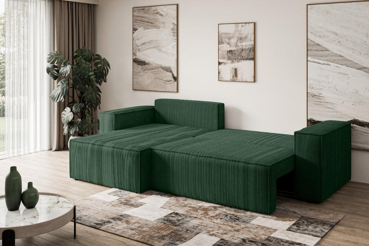 ECKSOFA mit Schlaffunktion und Bettkasten CELTIC-XL - 277x143x83 cm Grün Cord - Schwarz/Grün, Holzwerkstoff/Kunststoff (277/143cm) - ALTDECOR