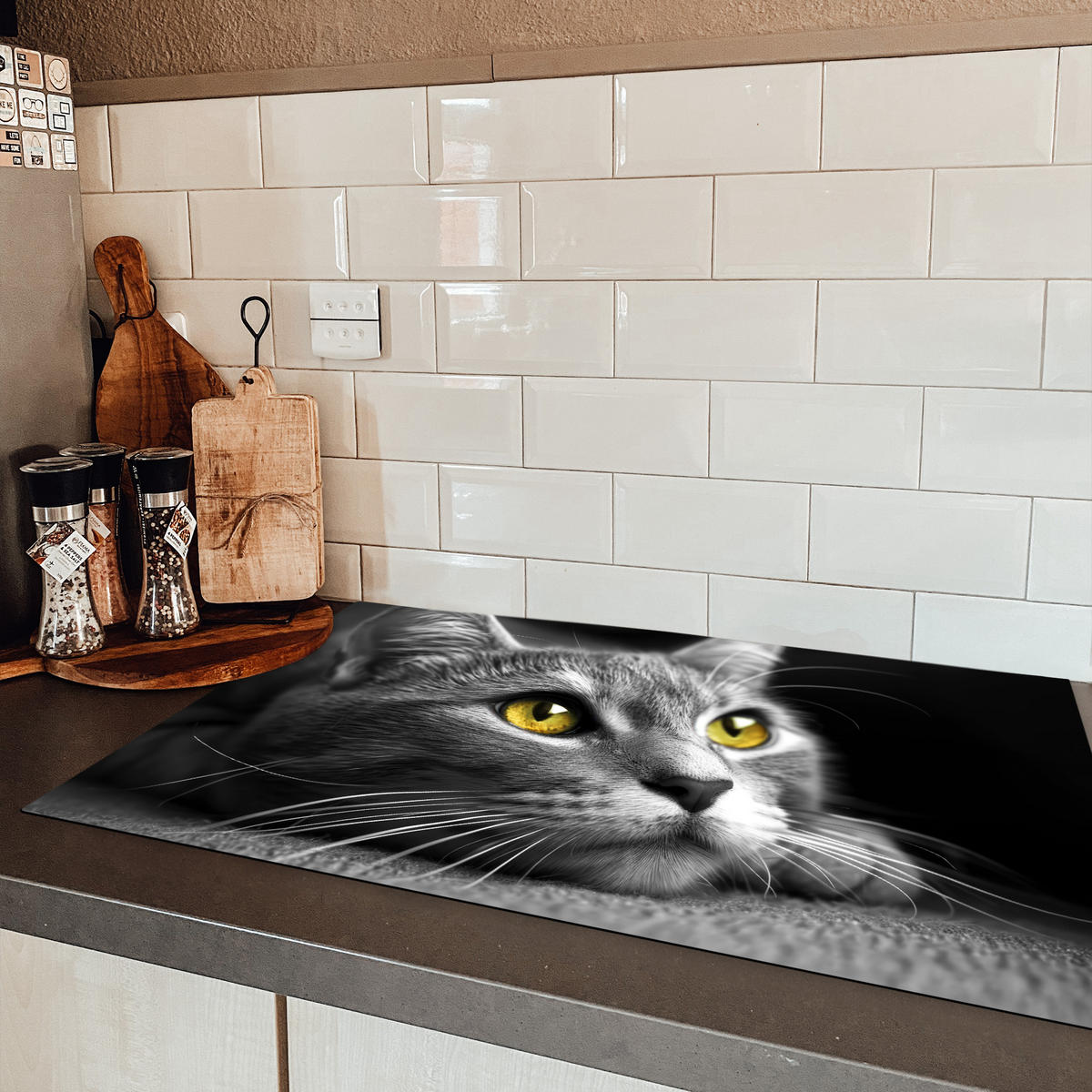 HERDABDECKPLATTE Katze - Grau - Tiere - Katze Ceranfeldabdeckung 85x52 cm - Grau, Kunststoff (85/52/0.2cm) - MuchoWow