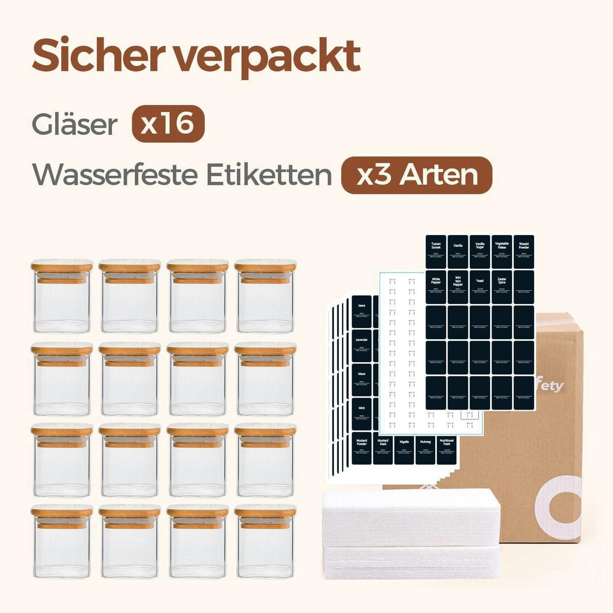 GEWÜRZGLÄSER 16-teiliges Set 120 ml Glas mit Holzdeckel - Multicolor, Glas (6/6.6/6cm)