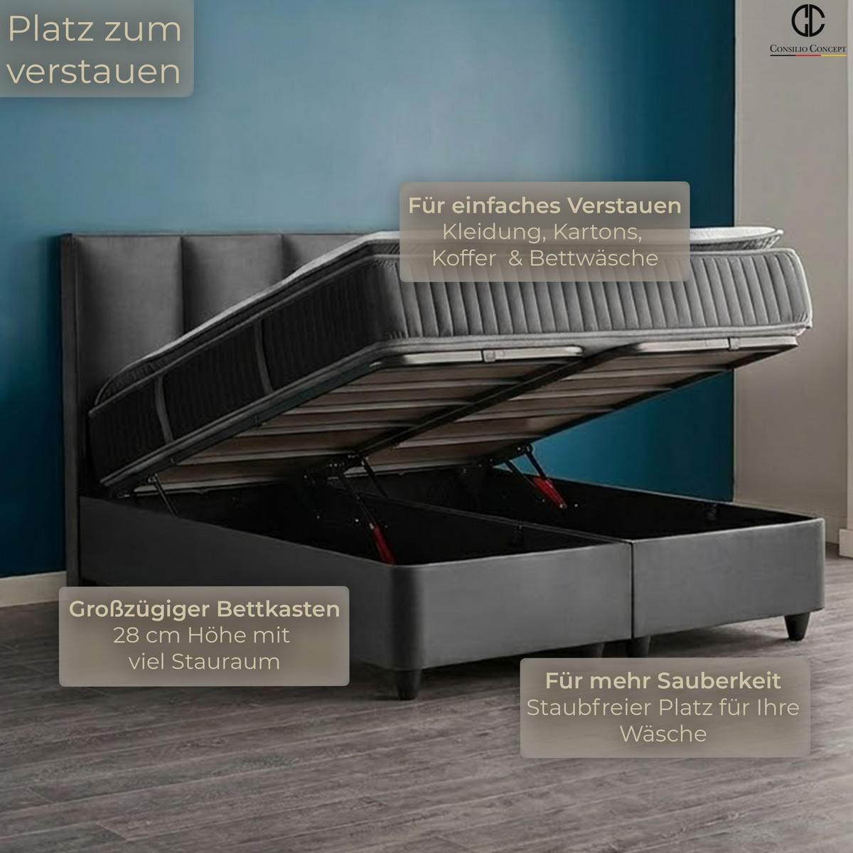 BOXSPRINGBETT MIT BETTKASTEN NAPOLI 160/200 cm, Schwarz, Bettkasten, Matratze, Topper integriert, H3 mittel - Schwarz/Braun, Holz/Kunststoff (160/200cm) - Consilio Concept