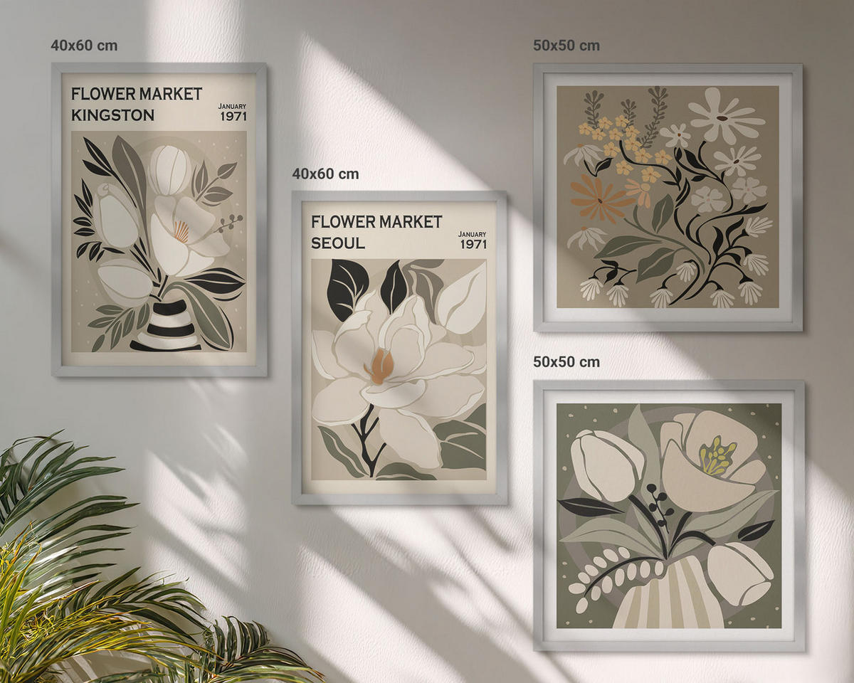 WANDBILDER 4er Set - 50x50 cm & 40x60 cm Silberner Rahmen - Kingston Seoul Retro-Blumen - Silberfarben, Kunststoff (50/50cm) - ArtPrintCave