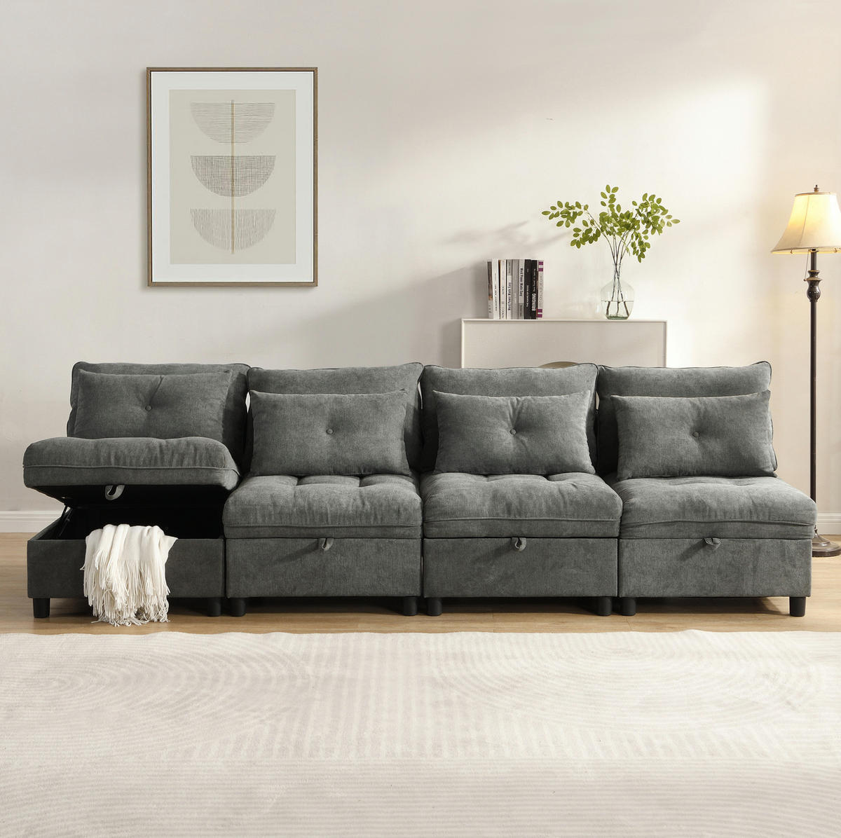 SOFA Chenille mit Stauraum und Schlaffunktion Antik Grau 274/76/87 cm - Alteiche, Textil (274/87/76cm) - Redom