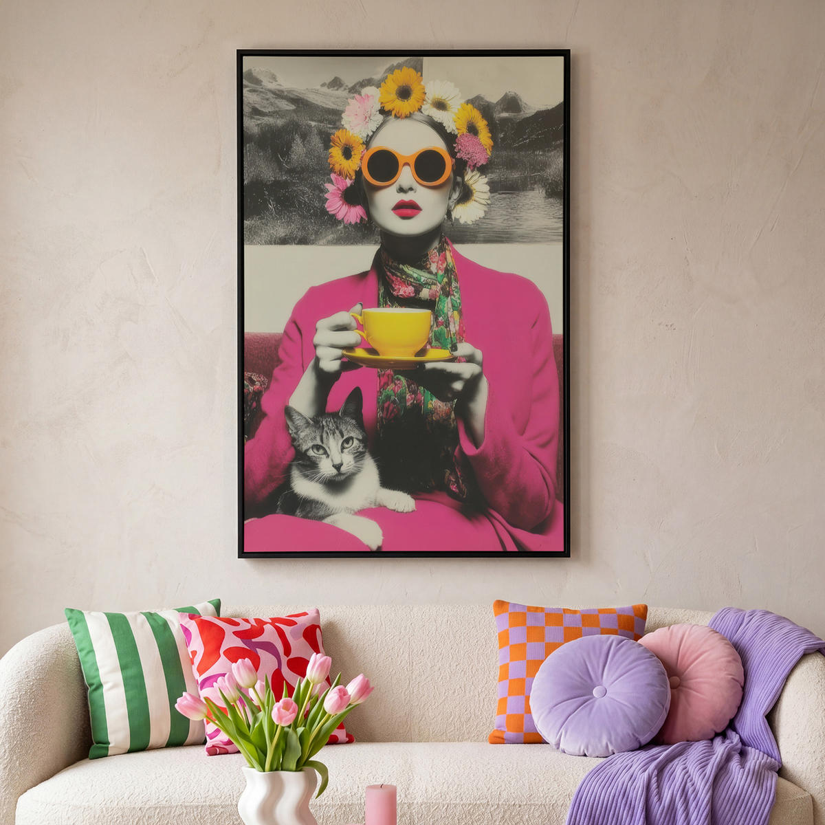 LEINWAND Bilder mit Rahmen - Frau - Katze - Blumen - Tasse - Retro - 80x120 - Magenta, Textil (80/120cm) - MuchoWow