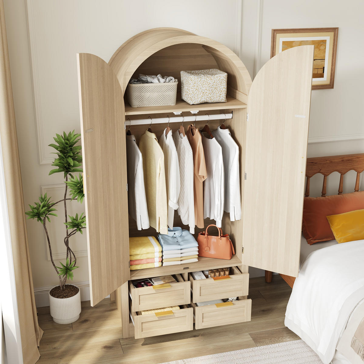 KLEIDERSCHRANK modern gebogene Türen Stauraum Kleiderstange Schubladen Luxus - Eichefarben, Holzwerkstoff (80/179/50cm) - FLIEKS