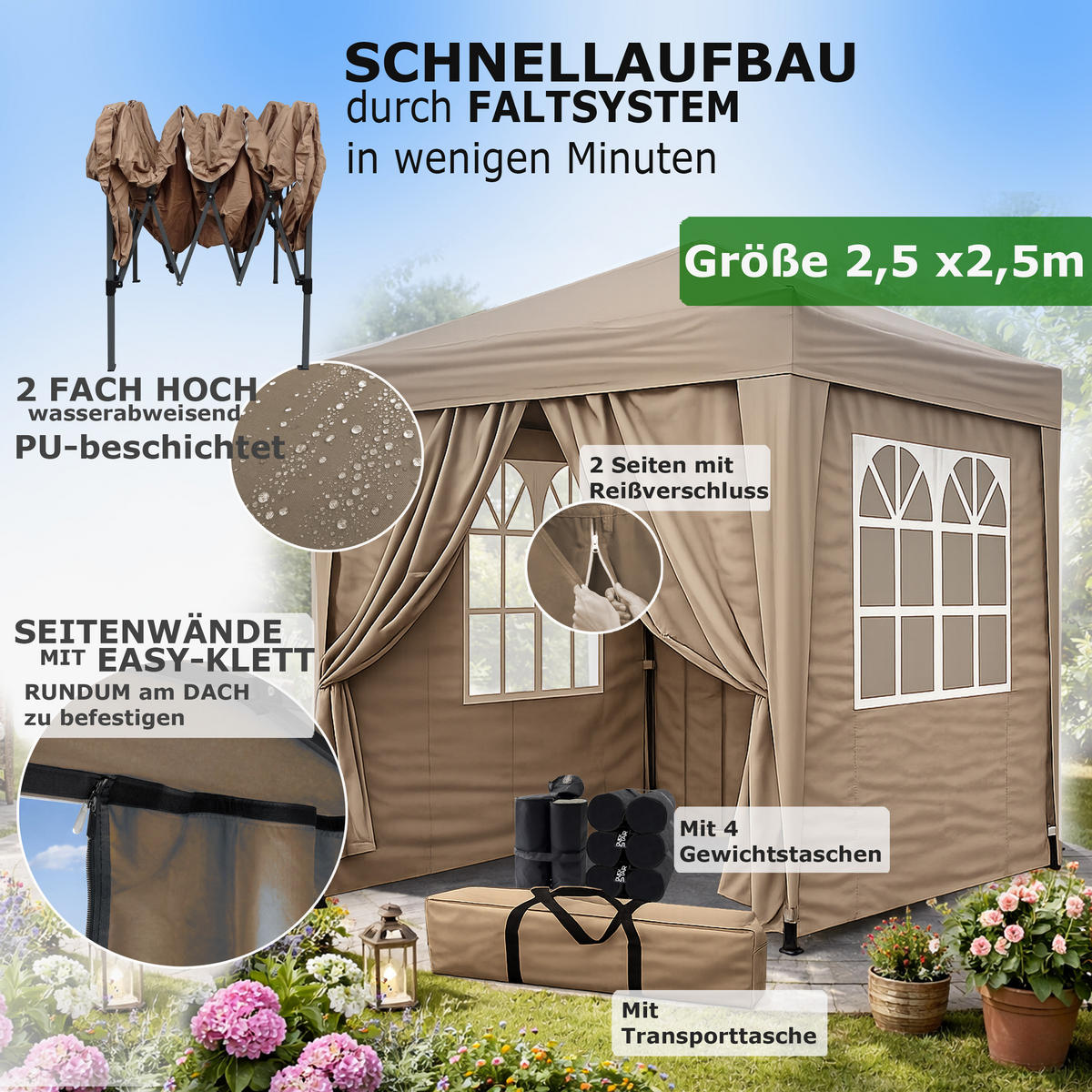 FALTPAVILLON 2,5/2,5 m Graubeige inkl. 4 Fußgewichten - Braun, Metall (250/245/250cm) - QUICK STAR