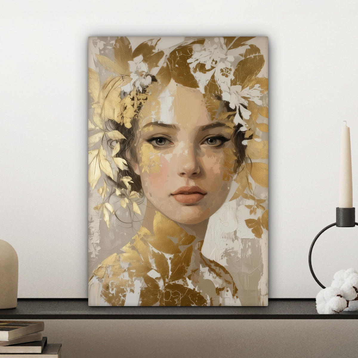 LEINWANDBILD Gesicht - Frau - Blätter - Gold Deko Wohnzimmer 20x30 cm - Beige, Textil (20/30cm) - MuchoWow