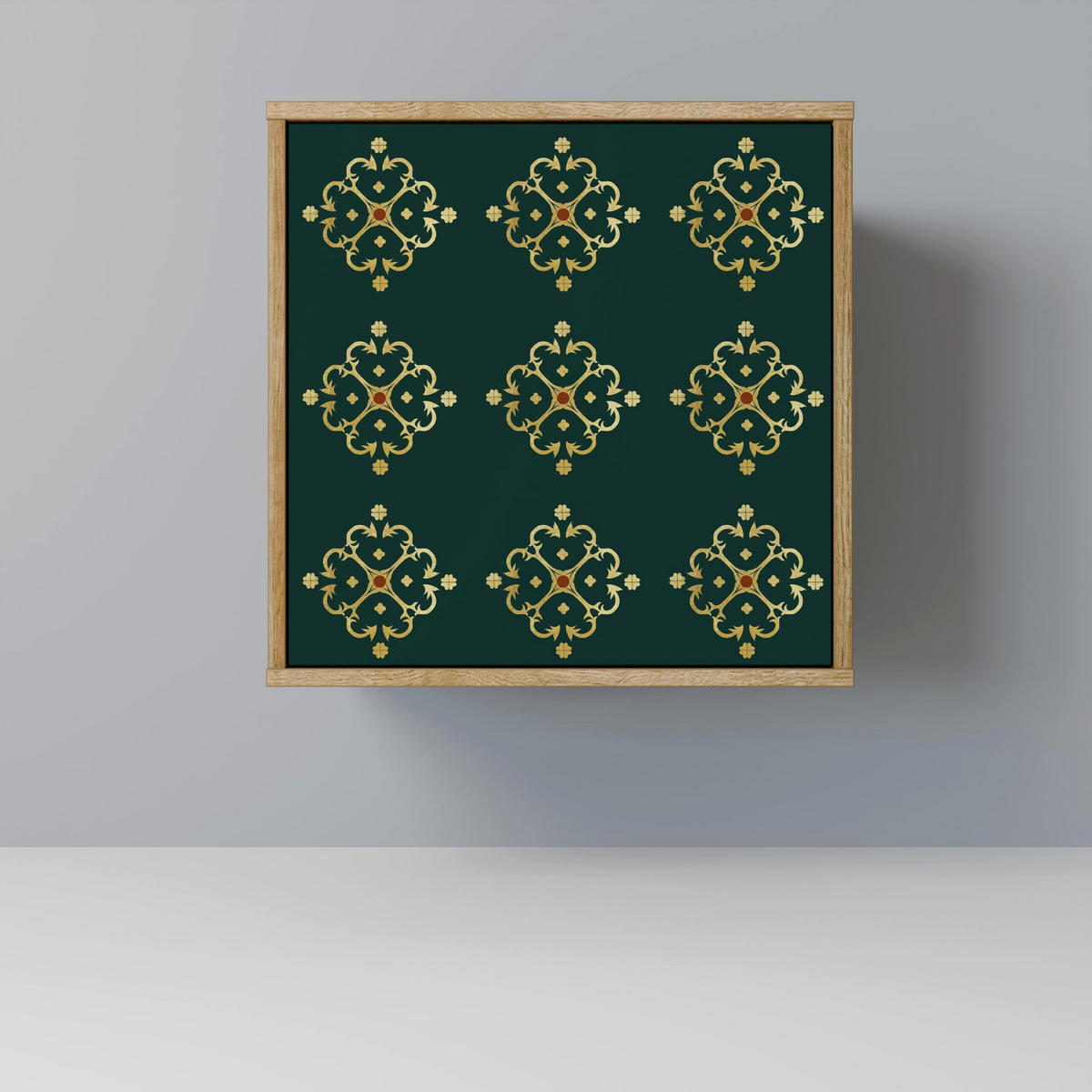 SIDEBOARD ROYAL MEDALLION, Eichefarben, 57,5x42x70,5 cm, Schwarze Metall-Sternfüße - Eichefarben/Multicolor, Holzwerkstoff/Metall (57.5/70.5/42cm) - SpaceRebels