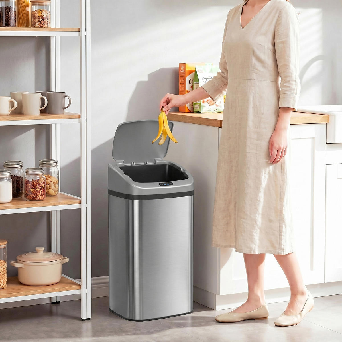 MÜLLEIMER AUTOMATISCHER SENSOR 33/69/25 cm Edelstahl Silber Softclose Küche - Silberfarben, Metall (25/69/33cm) - Rolipo