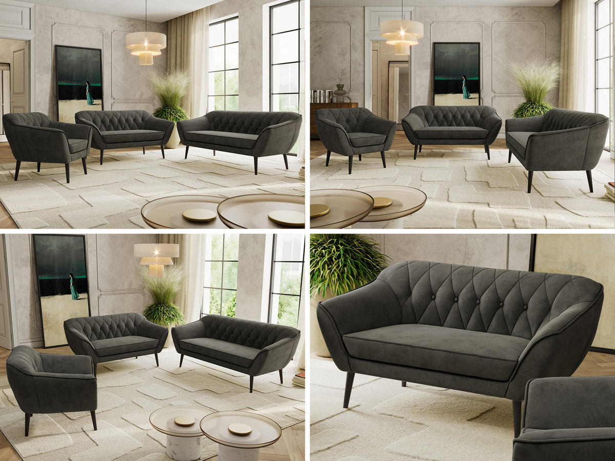 SEDACÍ SOUPRAVA 3+2+1 PIRS - Tmavě šedá Samet - Černé nohy - černá/tmavě šedá, kompozitní dřevo/textil (180/75/74cm) - MKS