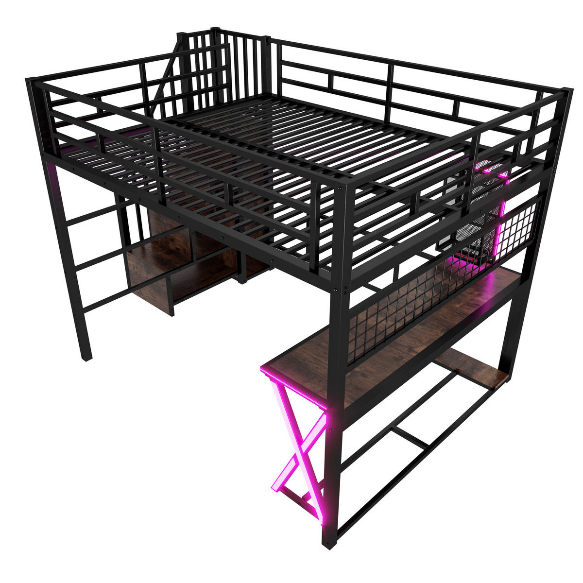 HOCHBETT 160/200 cm mit LED, Schreibtisch und Kleiderschrank, DE-04920, in Schwarz - Schwarz, Metall (160/200cm) - ComfortXL
